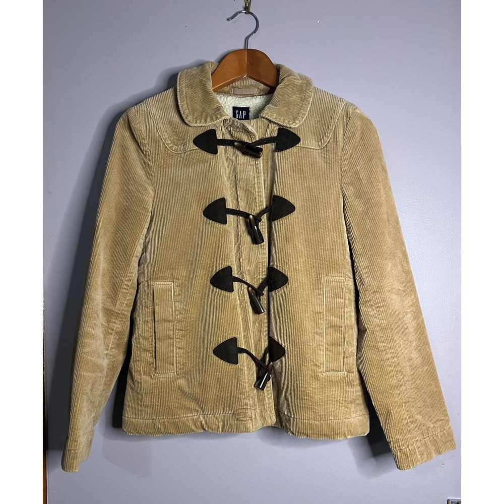 Y2K GAP Tan Corduroy Duffle Jacket Sherpa Lined Toggle Button Beige Small